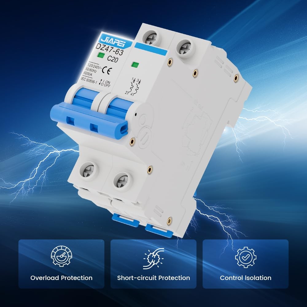 AC Miniature Circuit Breaker 120V/240V 2 Pole 20Amp DIN Rail Mount MCB C20 Solar