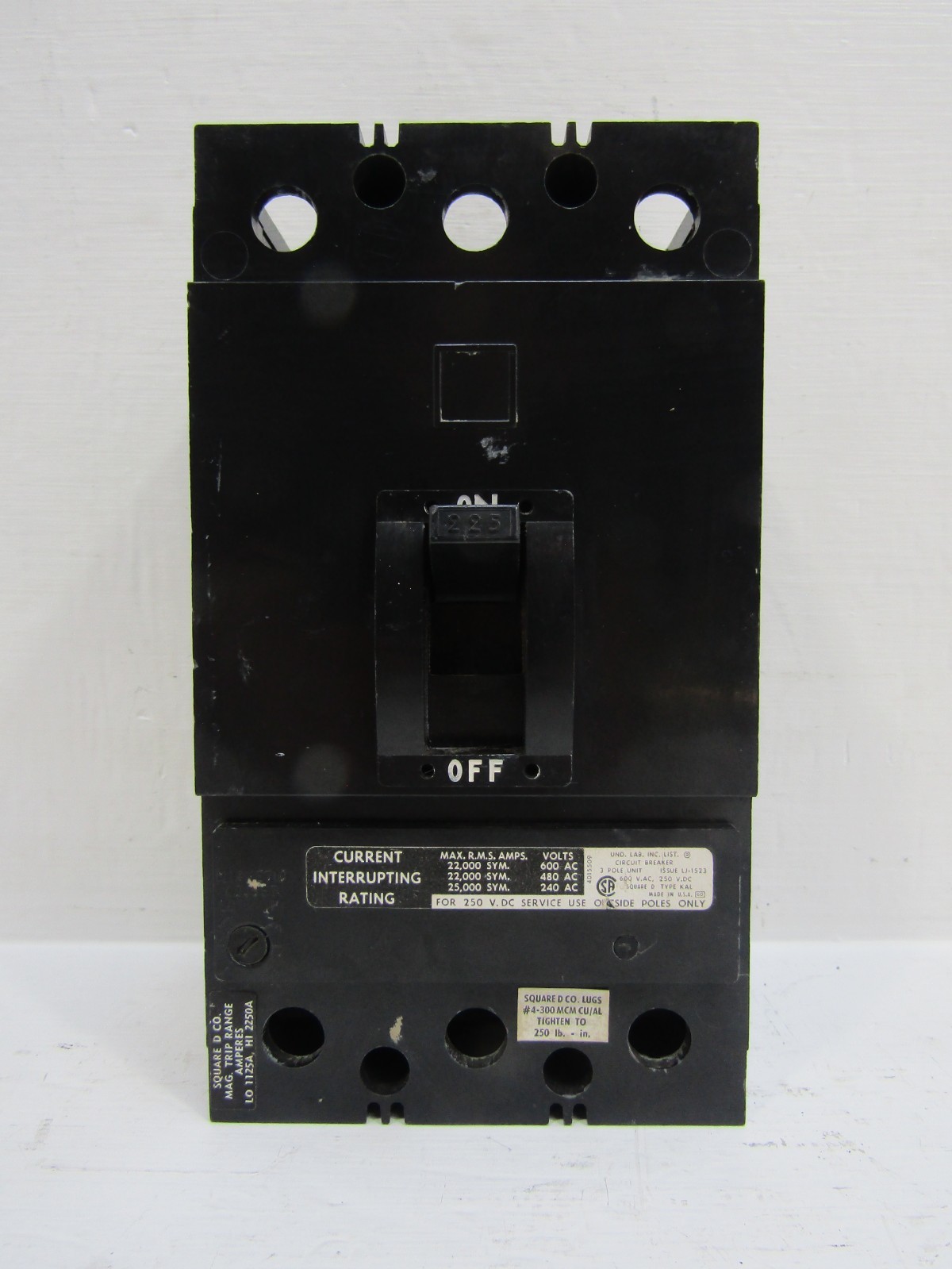 Square D KAP36225 225 Amp 600V 3-Pole Circuit Breaker 225A 600 VAC 250 VDC