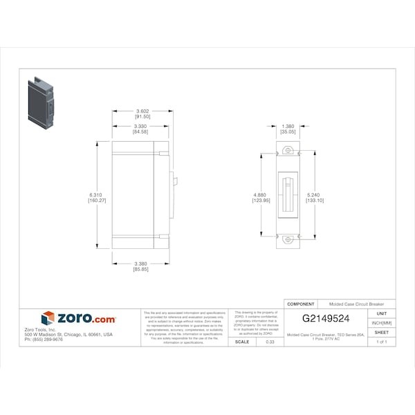 Ge Ted113020wl Molded Case Circuit Breaker, Ted Series, 20A, 1 Pole, 277V Ac,