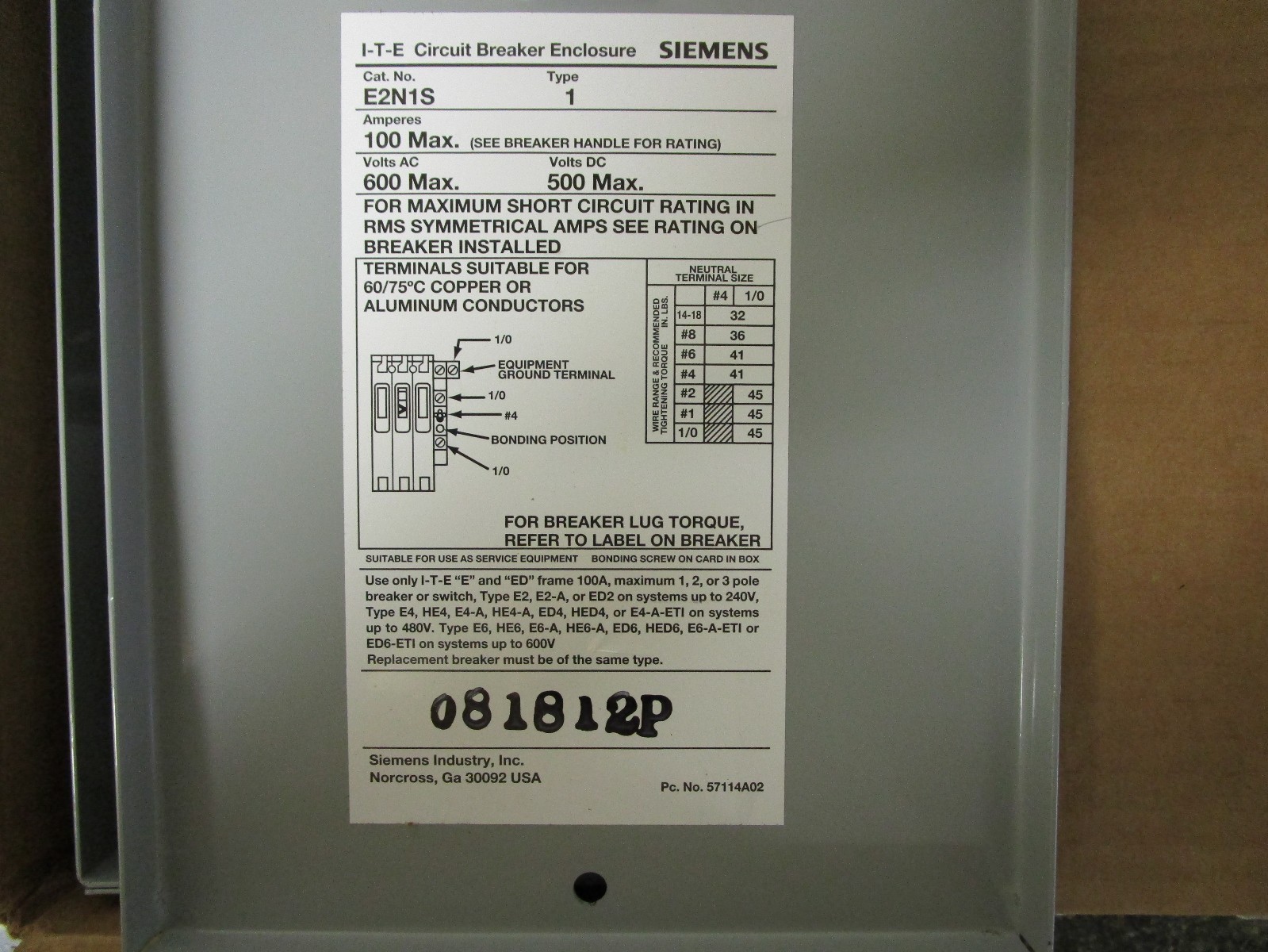 Siemens Circuit Breaker Enclosure E1SED63B015 ENC1S 3P 35A 600V 18KA New in Box!
