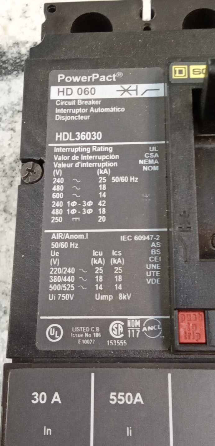 Square D/POWERPACT/BREAKER/HDL36030/30A/3P/600V/HD060/AL150HD/30A RATED/UE(40D3