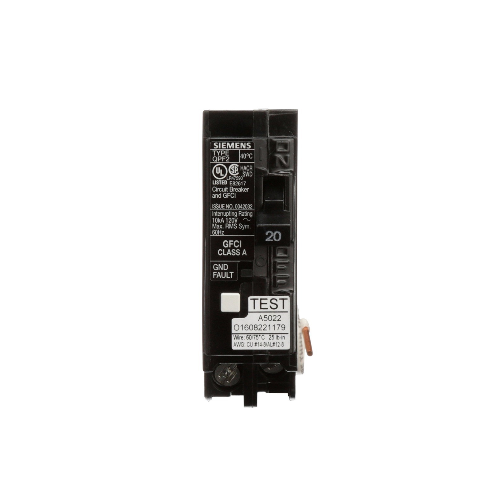 QF120A Gfci Circuit Breaker, Plug In, Testing, 20 Amp, 1-Pole, 120 Volt