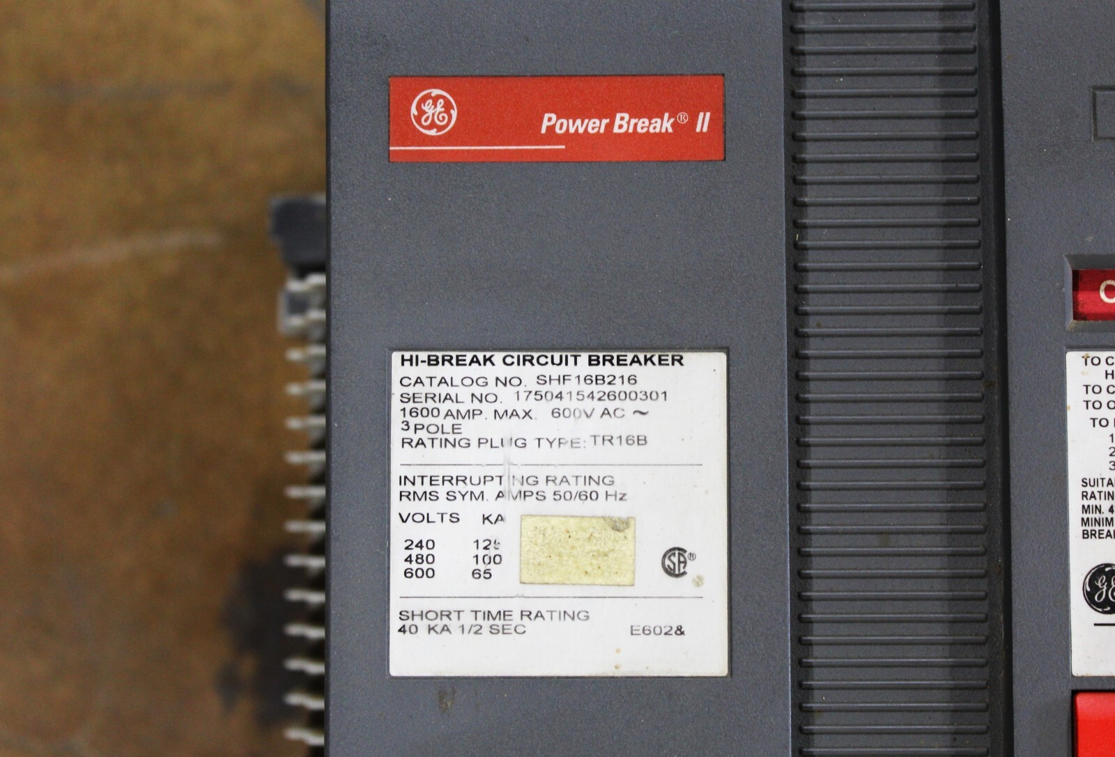GE POWER BREAK II HI BRK 1600 AMP CIRCUIT BREAKER SHF16B216 – 600V AC 3 POLES