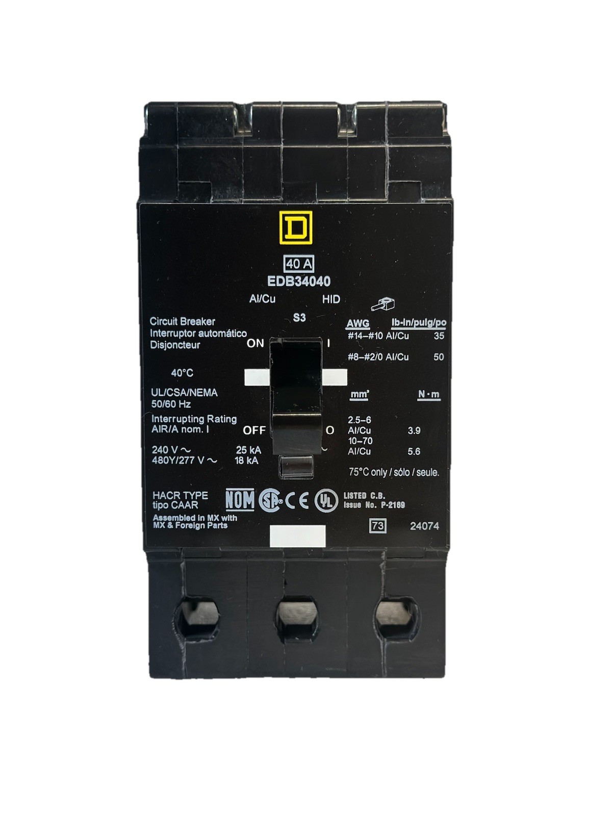 EDB34040 – Square D Bolt-on 480Y/277 VACV 40A 3 pole circuit breaker 18kA@480V
