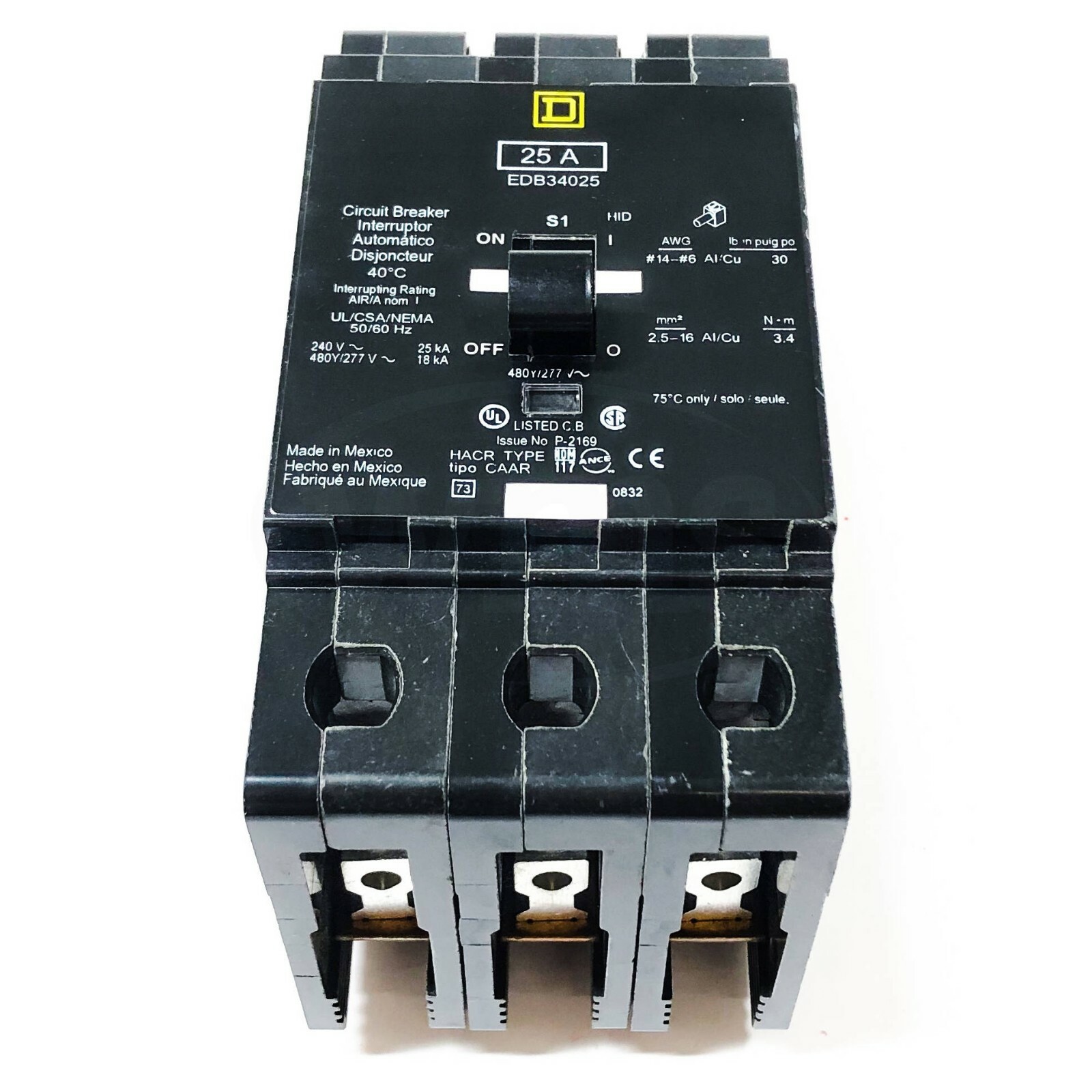 Square D EDB34025 Circuit Breaker, 25 Amp, 3-Pole, 277/480VAC 50/60Hz
