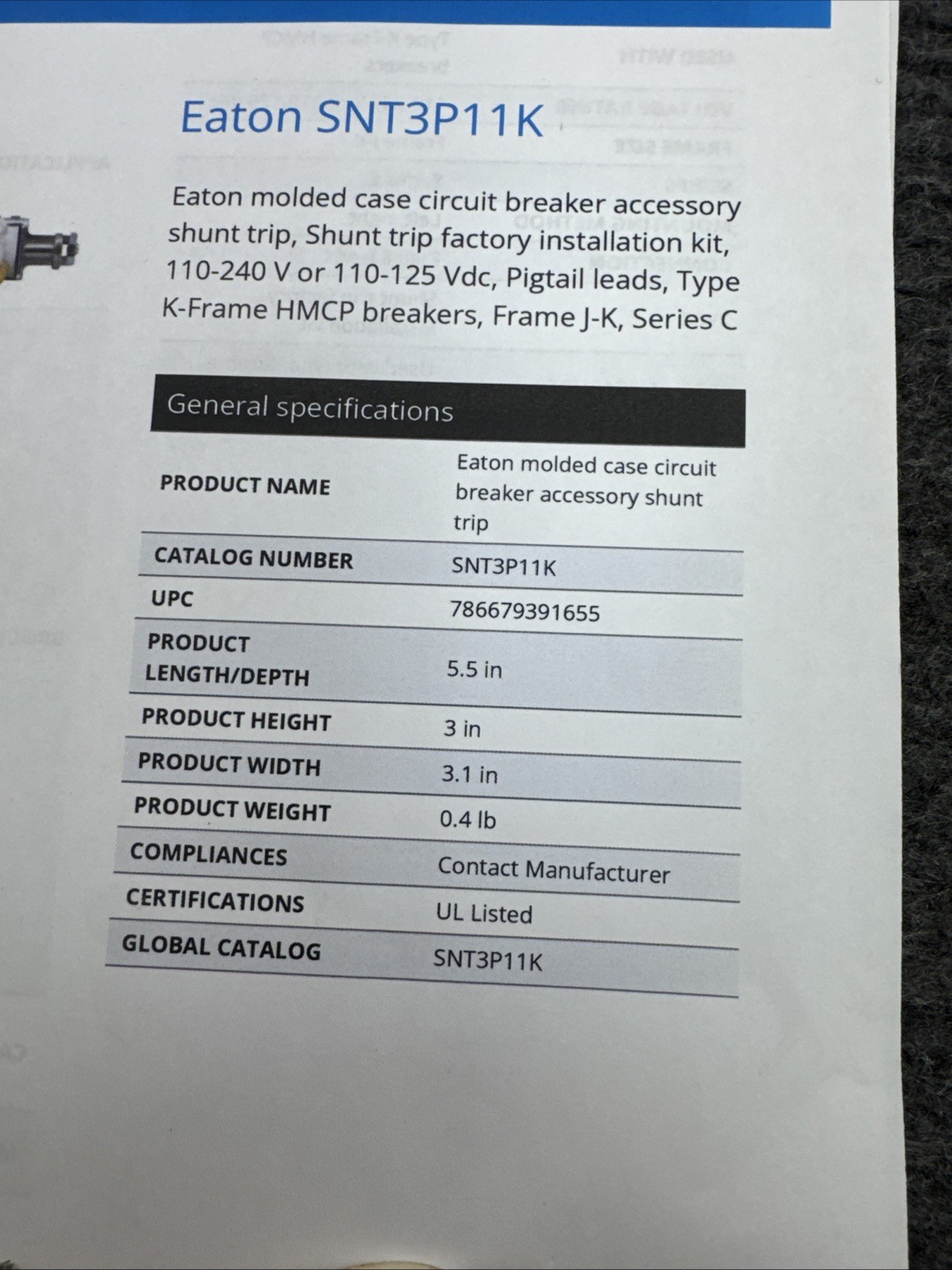 Eaton SNT3P11K Shunt Trip Solenoid Unit K-Frame 110/240 Volt AC 110/125 Volt DC