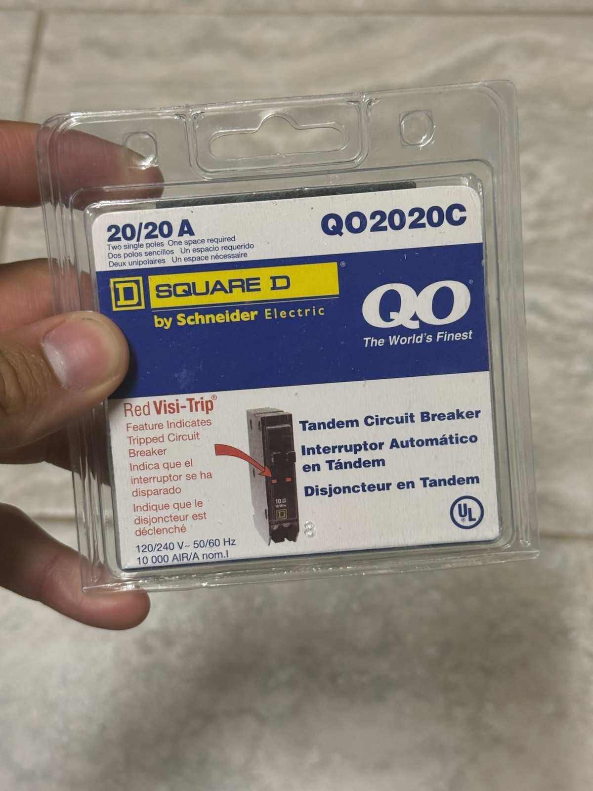 Square D QO2020C Tandem Circuit Breaker 20/20A 120/240V Red Visi-Trip