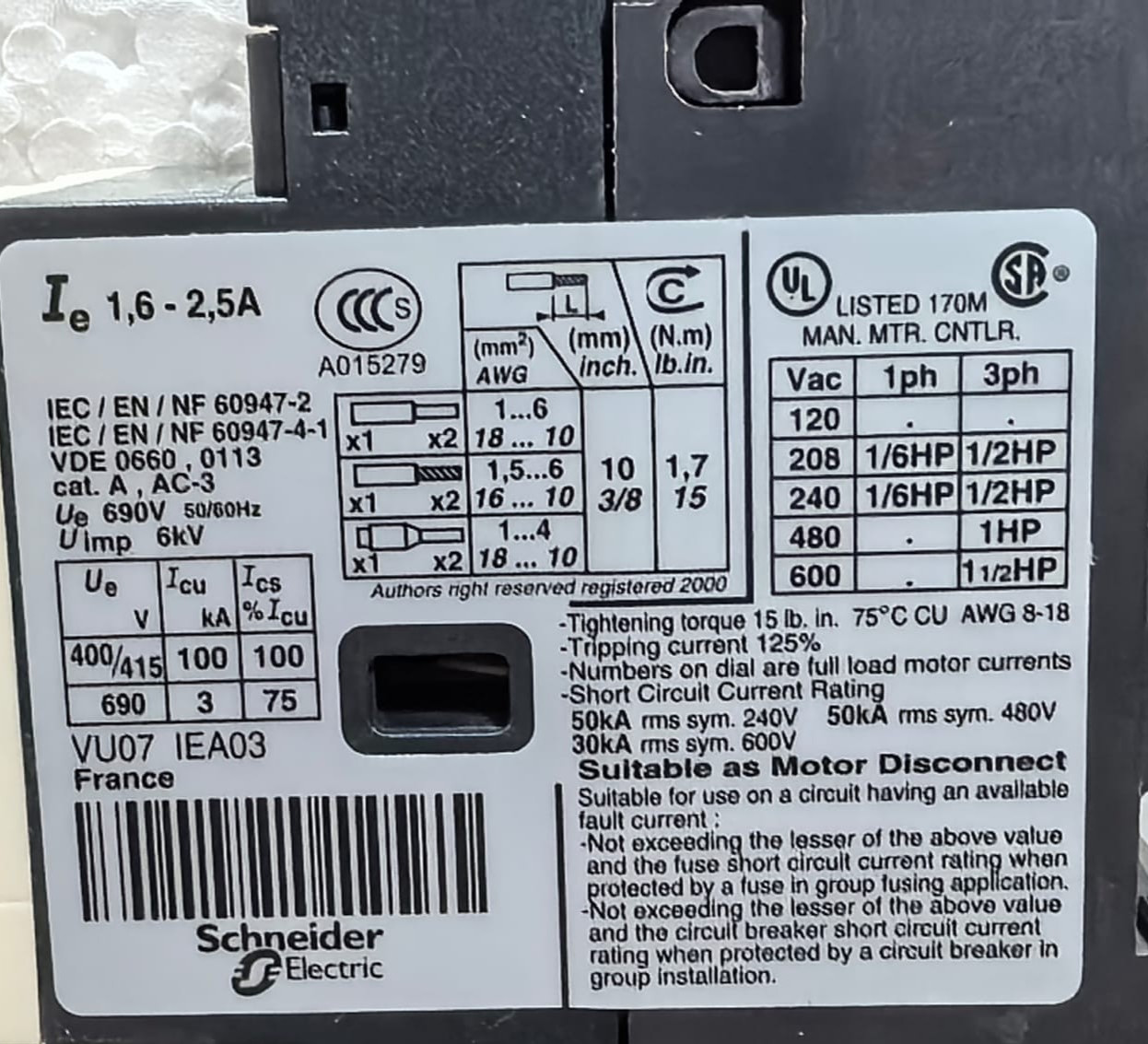 TELEMECANIQUE GV2ME07 MOTOR CIRCUIT BREAKER 1.6-2.5A