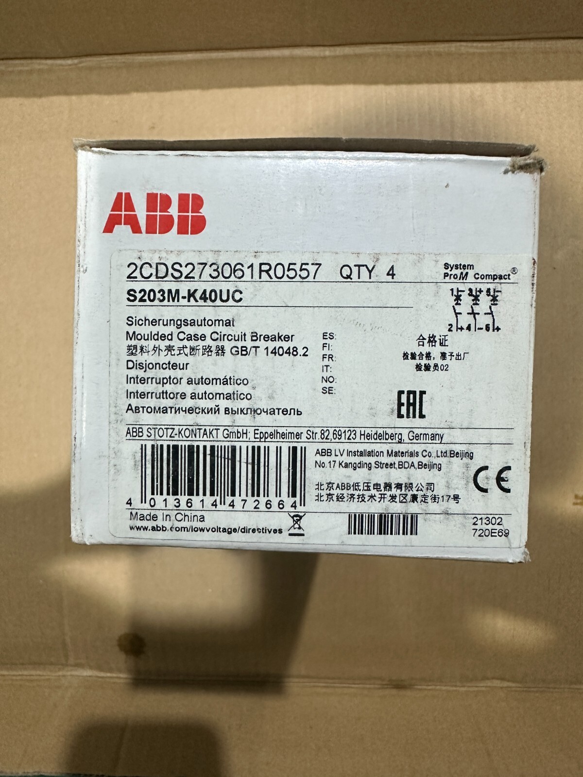 New ABB S203M-K40UC Miniature Circuit Breaker S200MUC 3P 40A 2CDS273061R0557