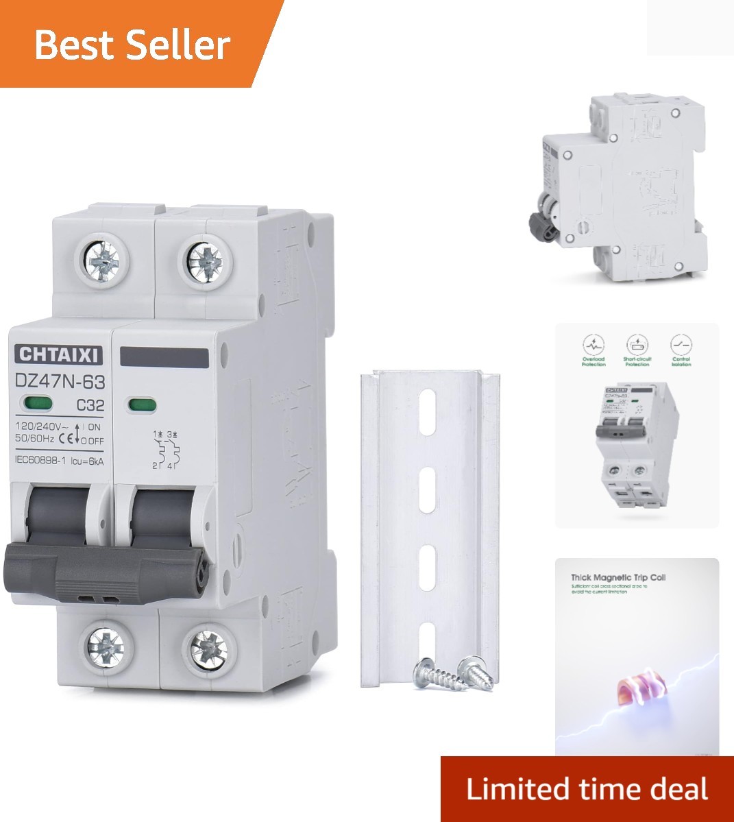 32 Amp DIN Rail Circuit Breaker – 120V/240V Thermal Magnetic Solar Switch