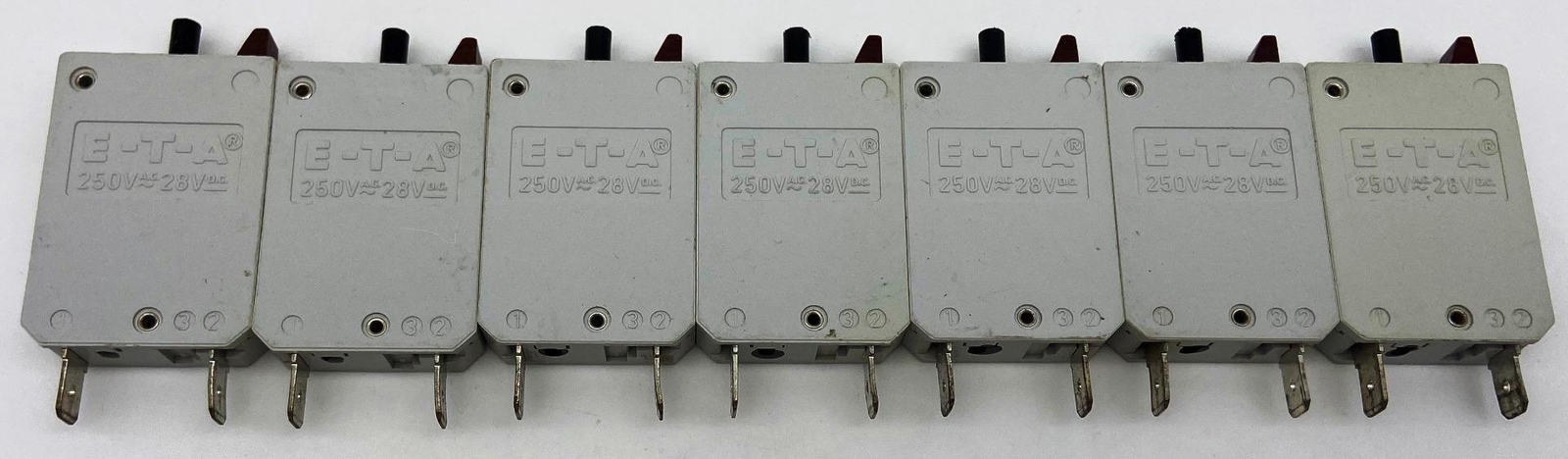 Qty 7 Assorted, E-T-A 12-P10-H-KF Resettable Circuit Breakers, 250VAC, 28VDC ETA