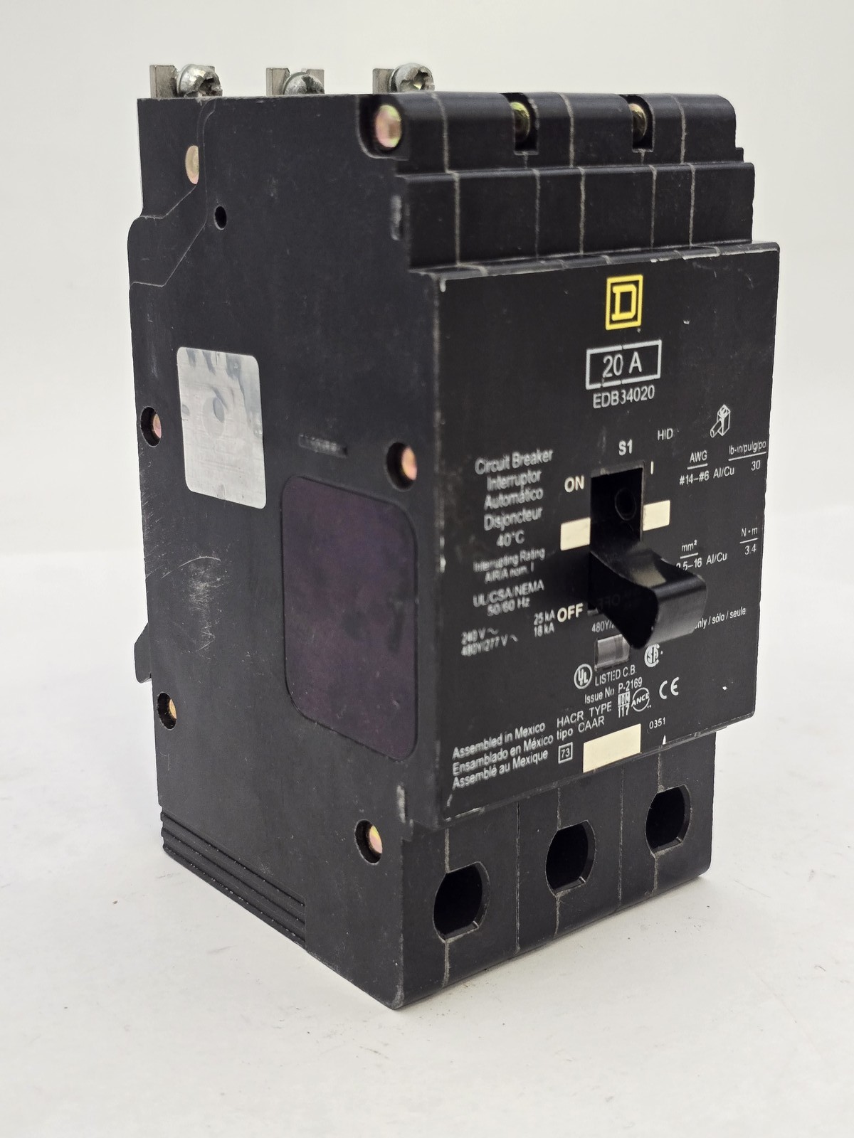 Square D EDB34020 Bolt-On Circuit Breaker 20A 3P 480Y/277V EDB