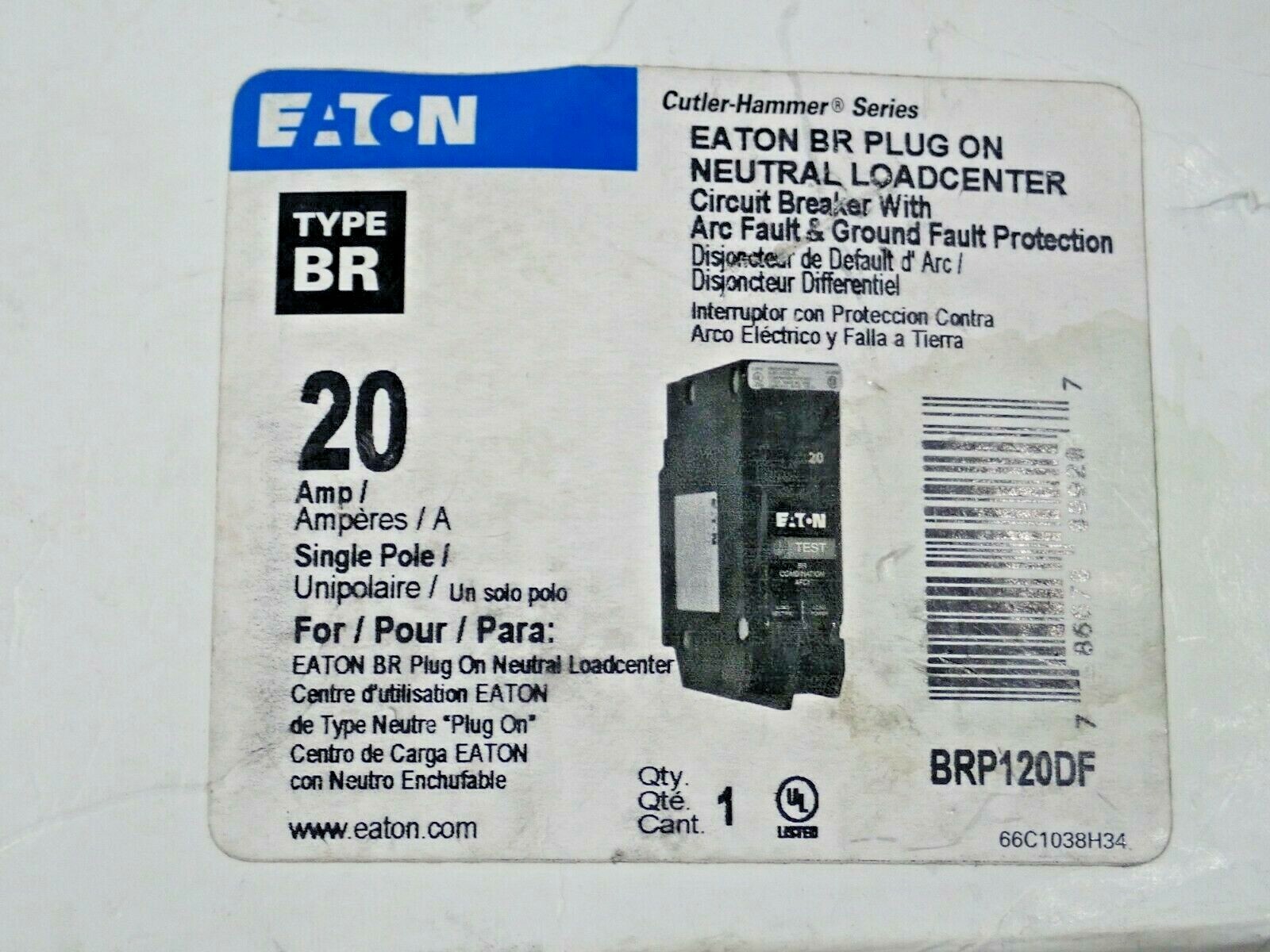 New Eaton BRP120DF 20 Amp 1 Pole 120V AFC/GFCI BR Plug On Breaker