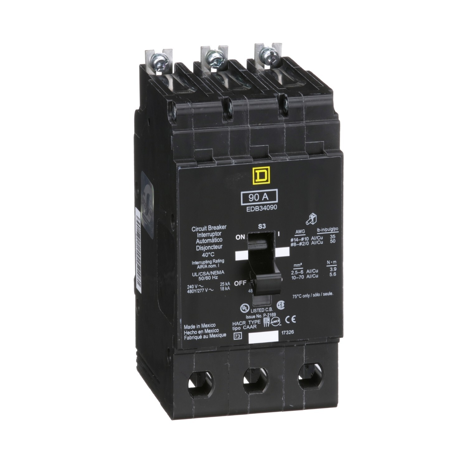 Square D EDB34090 Circuit Breaker – 90A, 3P, 480Y/277VAC, 25kA, Made in Mexico