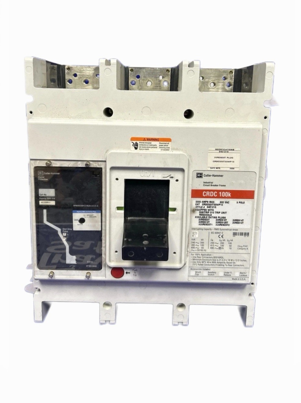 Cutler Hammer CRDC320T33WP10 2000A Circuit Breaker w 2000A Plug CRDC CRDC320T33W