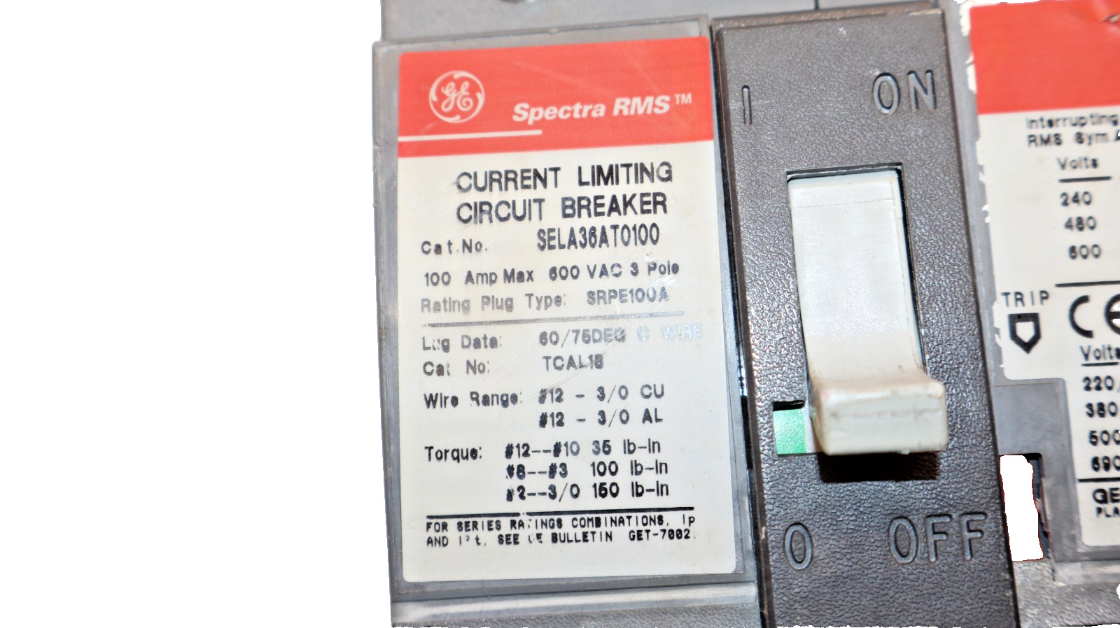 GE 100A 100 Amp Spectra Circuit Breaker 600V 3-Pole SELA36AT0100 W/O Plug