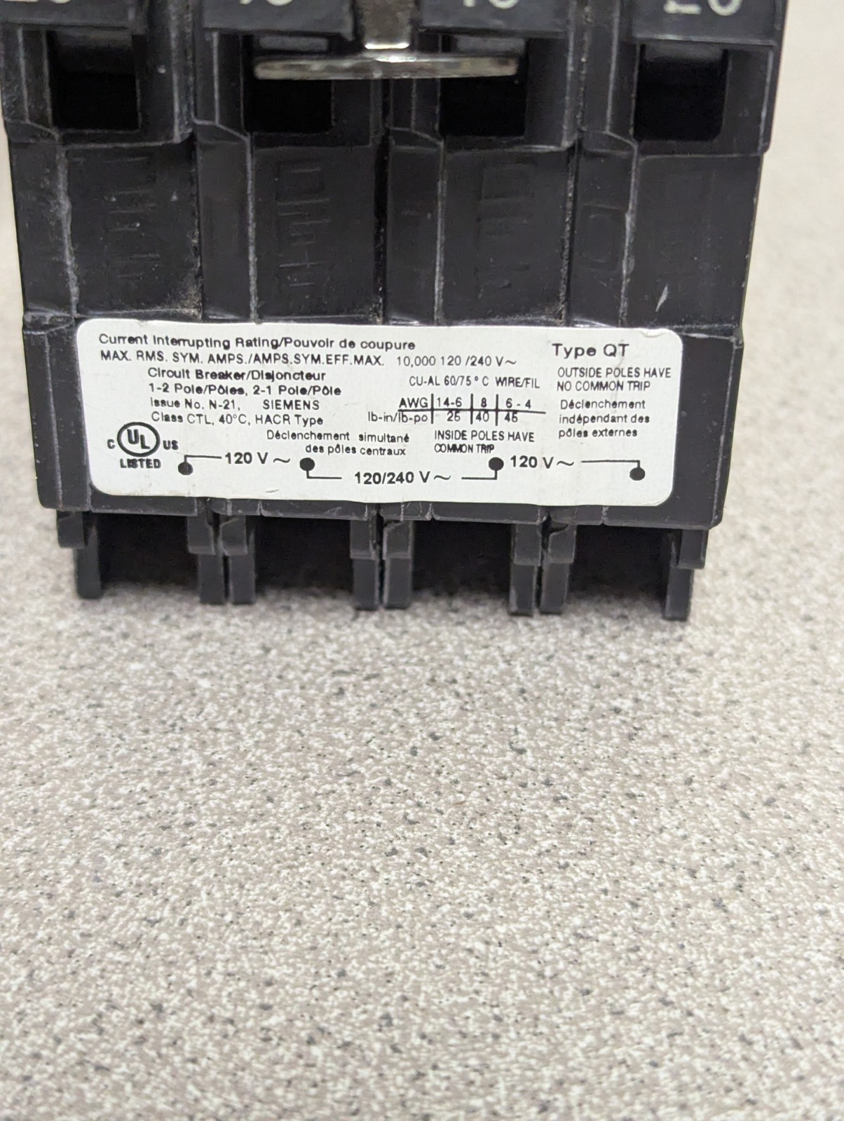 2 Pack Siemens Q22040CT 20/40A Triplex Pole Type QT Circuit Breakers