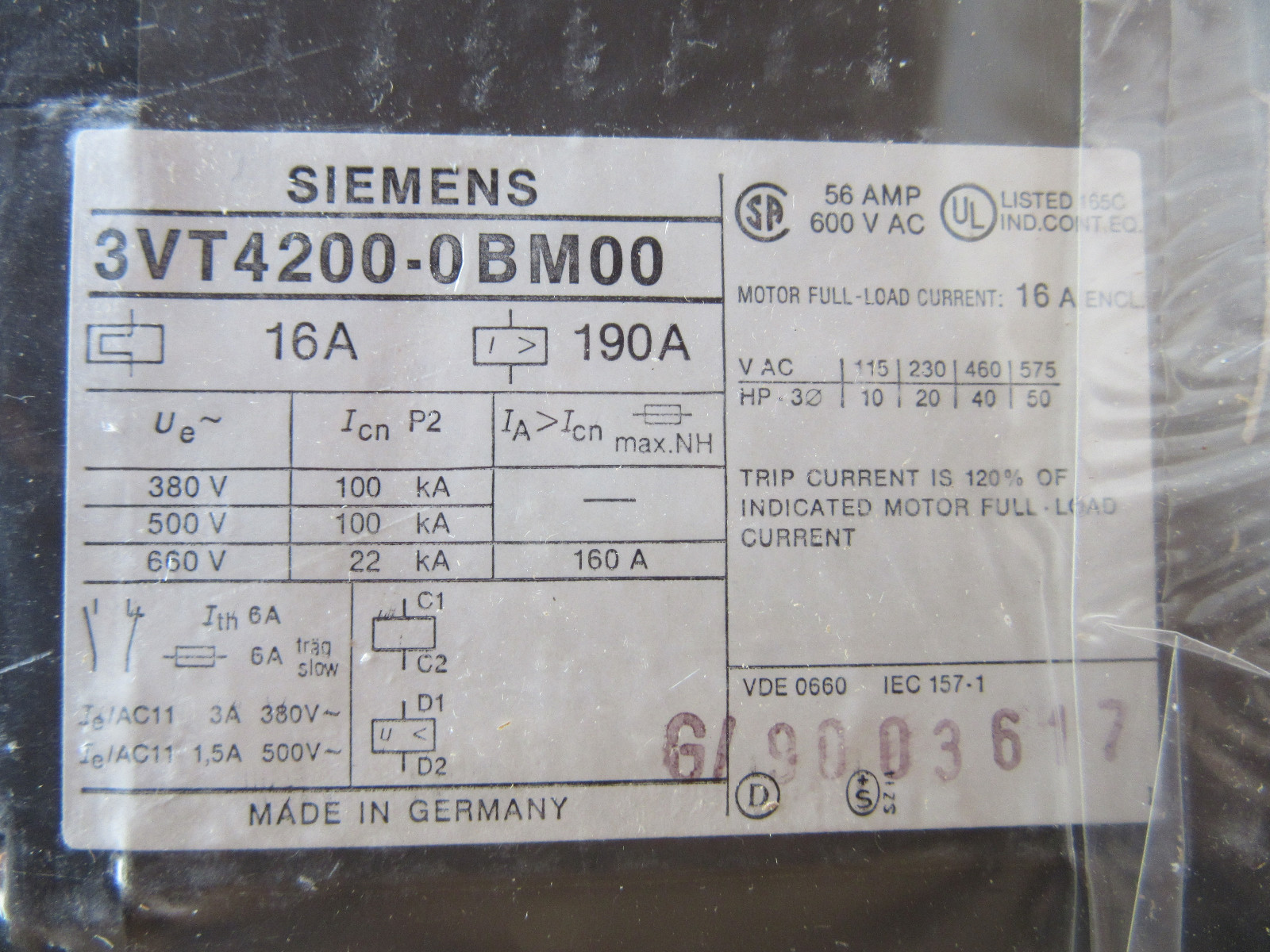 Siemens 3VT4200-0BM00 Circuit Breaker 3 Pole 16 Amps 600V NEW!! in Box Free Ship