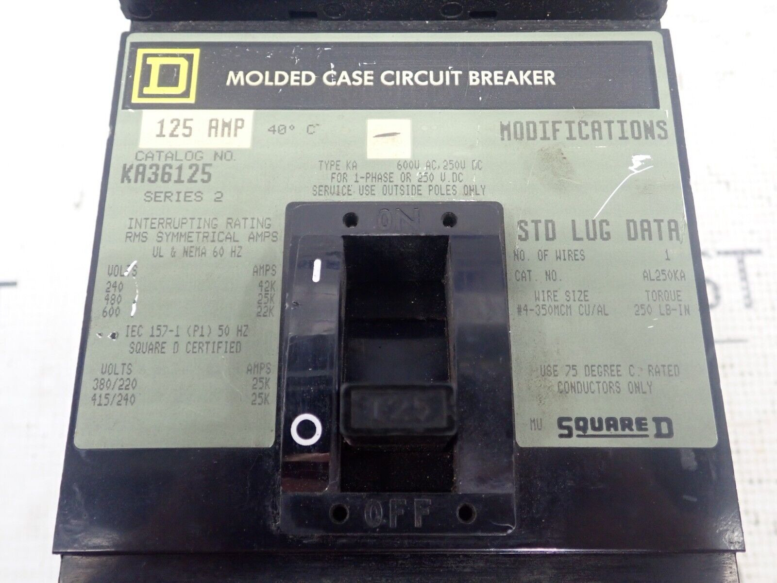 Square D KA36125 3 Pole 125 Amp 600 Volt 25kA@480V I-Line Circuit Breaker Tested