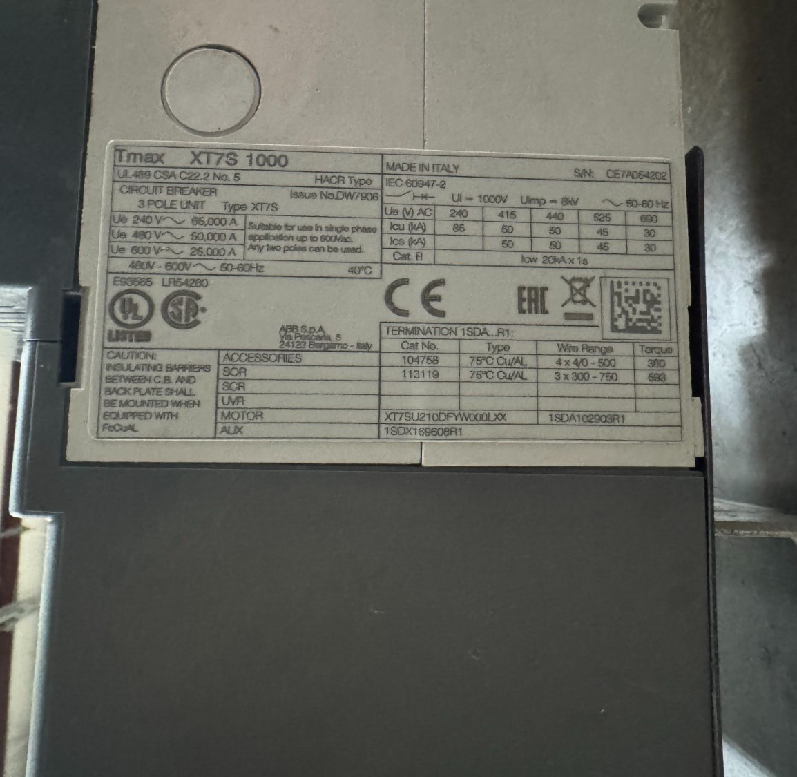 ABB Tmax XT7S 1000 Ekip Dip LSI In+1000A, 2 Pole Circuit Breaker