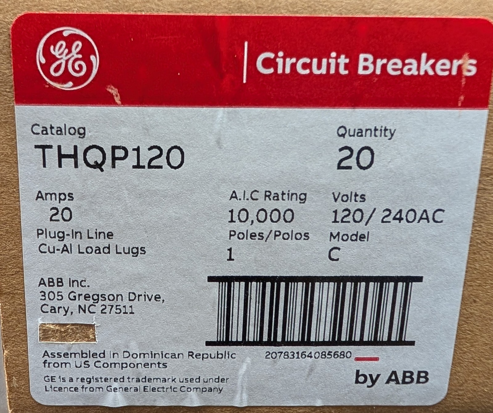GE THQP120 Q-Line 20A 1-Pole 120/240V 10kAIC Thin Plug-On Circuit Breaker New