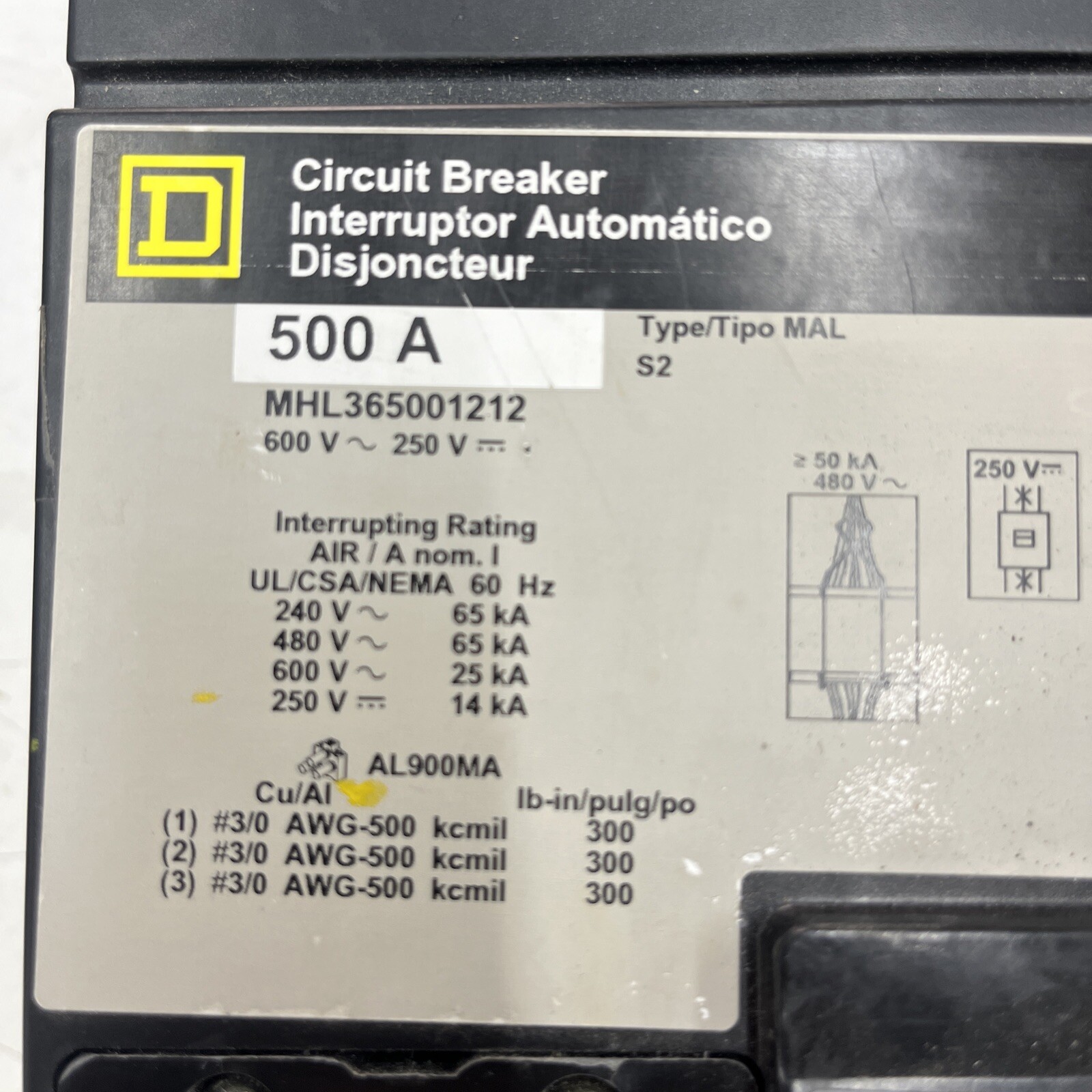 Square D MHL365001212 3 pole 500 Amp 600 Volt TESTED