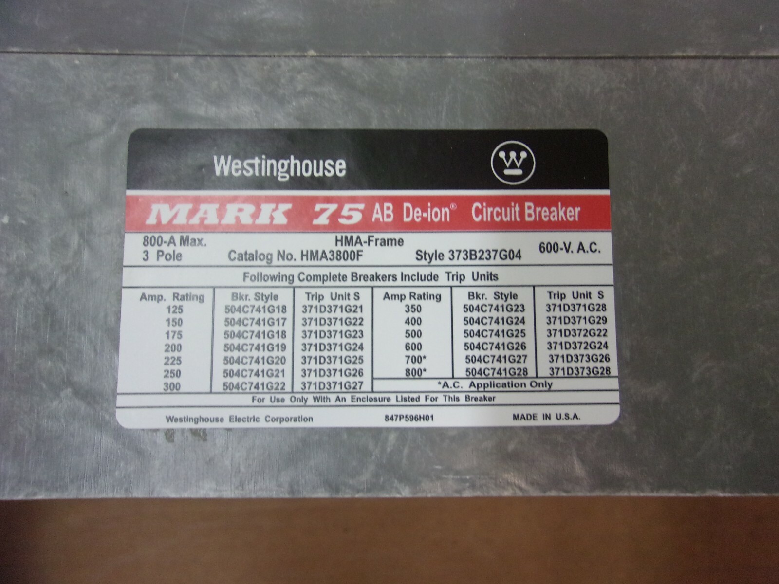 Westinghouse HMA HMA3800F 3 pole 500 Amp Trip 600V Breaker HMA3500 Flaw #059