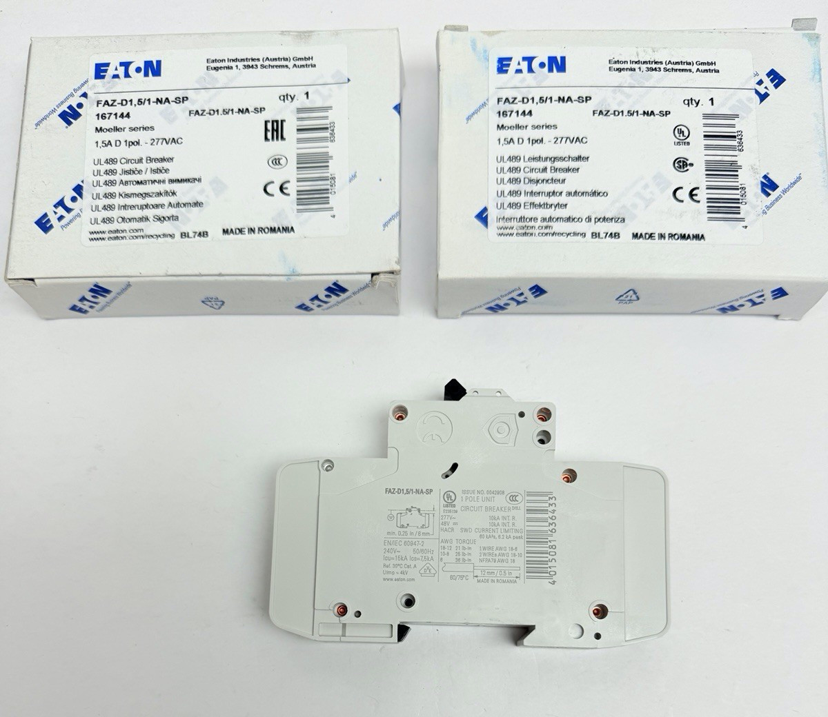 LOT OF 2, EATON FAZ-D1,5/1-NA-SP CIRCUIT BREAKER 1,5A D 1POL-277VAC