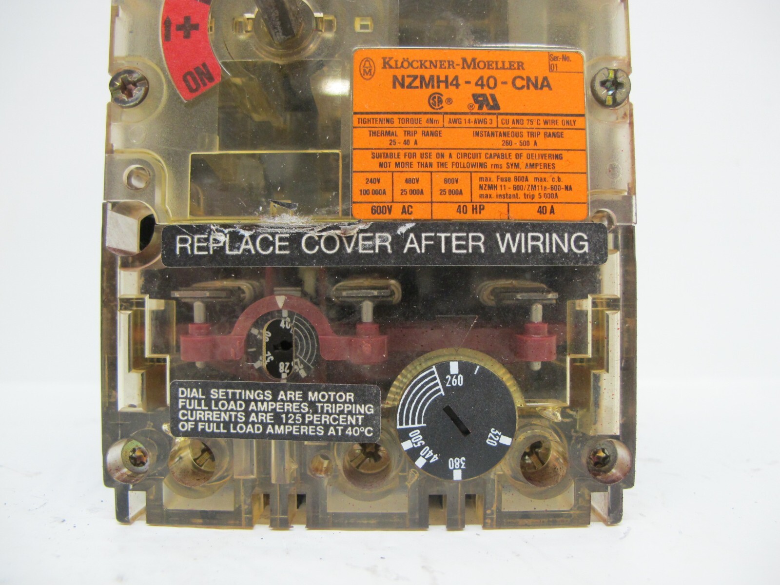 Klcokner Moeller NZMH4-40-CNA 40 Amp Breaker 600 V AC 40 HP NZMH440CNA