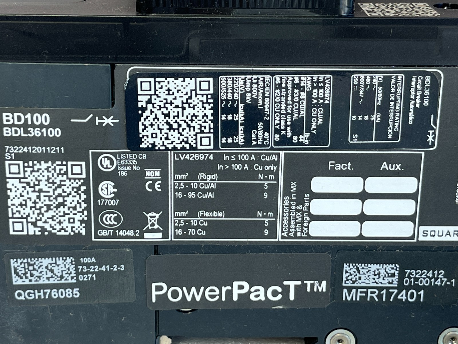 Square D PowerPact BDL36100 3-Pole 100A 480V 18kA Circuit Breaker NEW