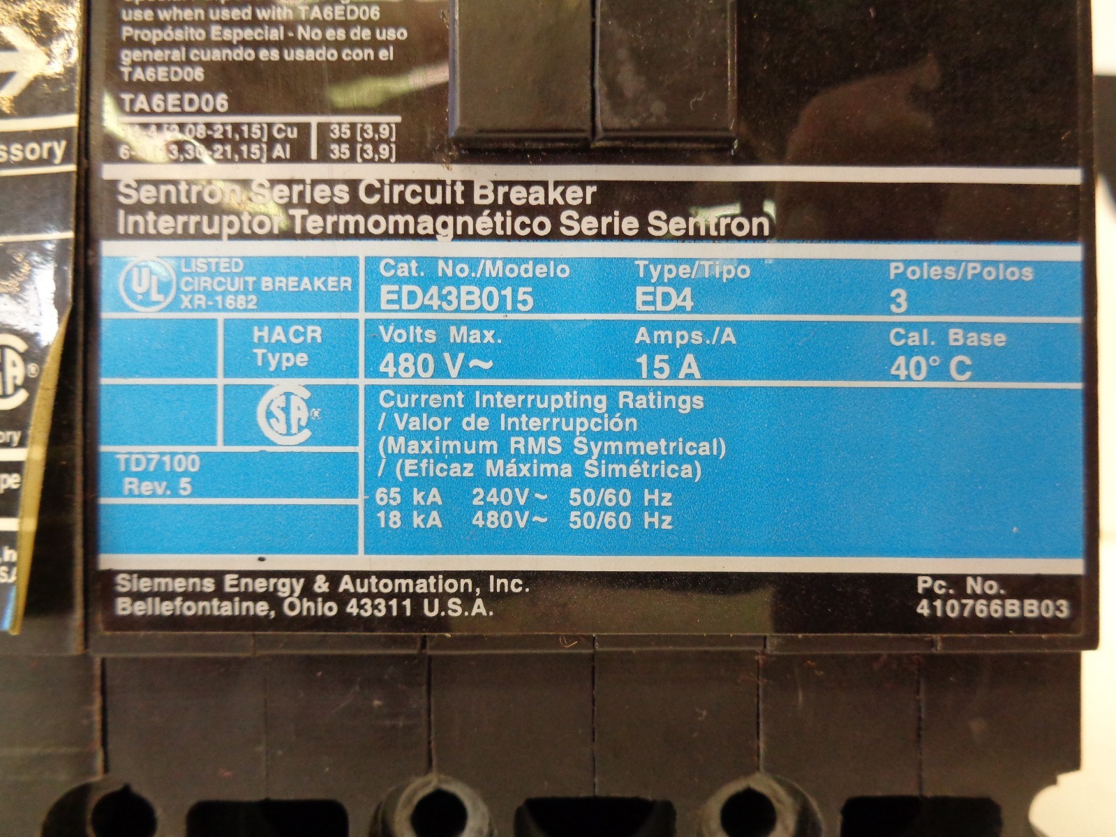 SIEMENS ED43B015 CIRCUIT BREAKER 15A W/ AUX SWITCH A01ED64 – USED – FREE SHIP