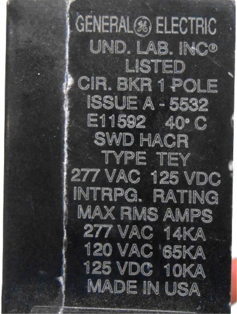 GENERAL ELECTRIC, CIRCUIT BREAKER, TEY120, 20 AMPS, TEY, 1 POLE, 277 VAC