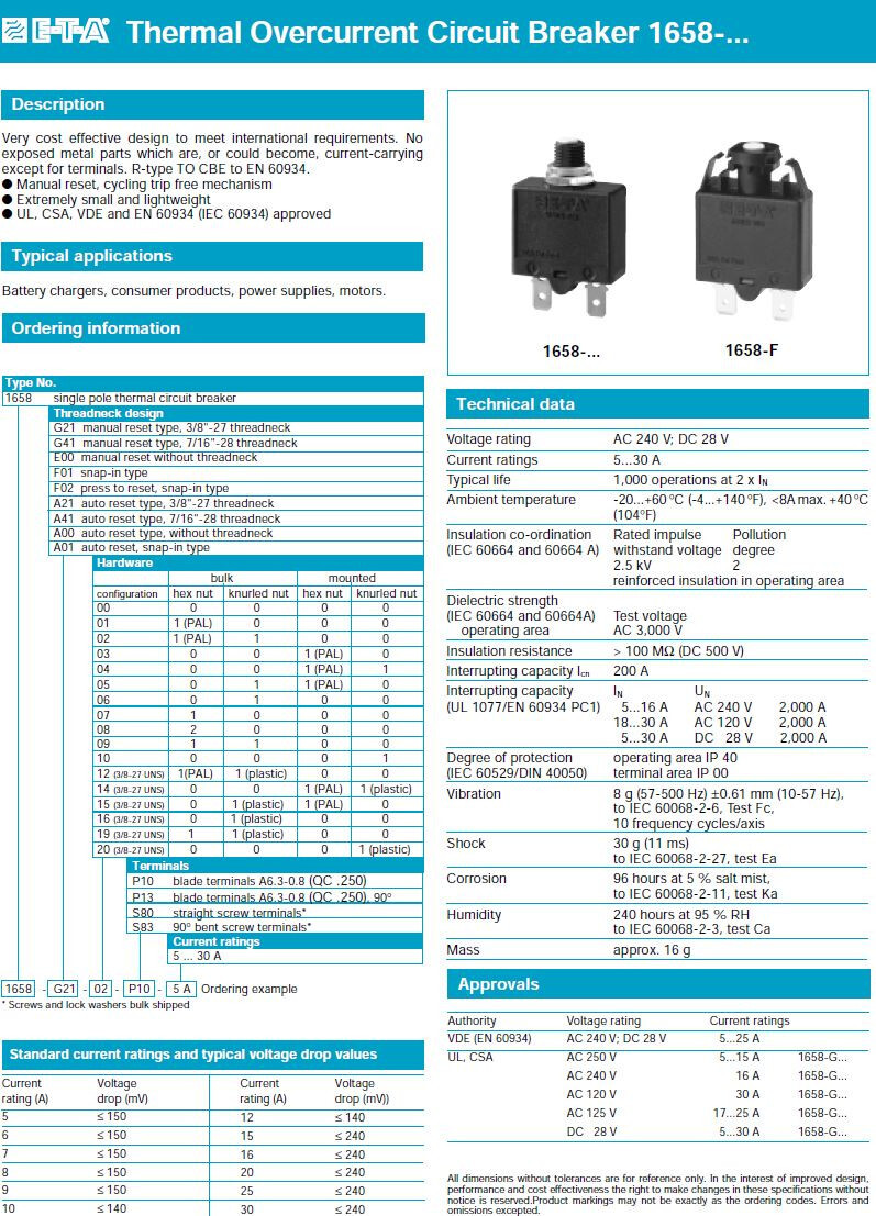 ETA 1658-G21-00-S80-8A Thermal Circuit Breaker, 1658 Series, 8 A, 1 Pole NEW