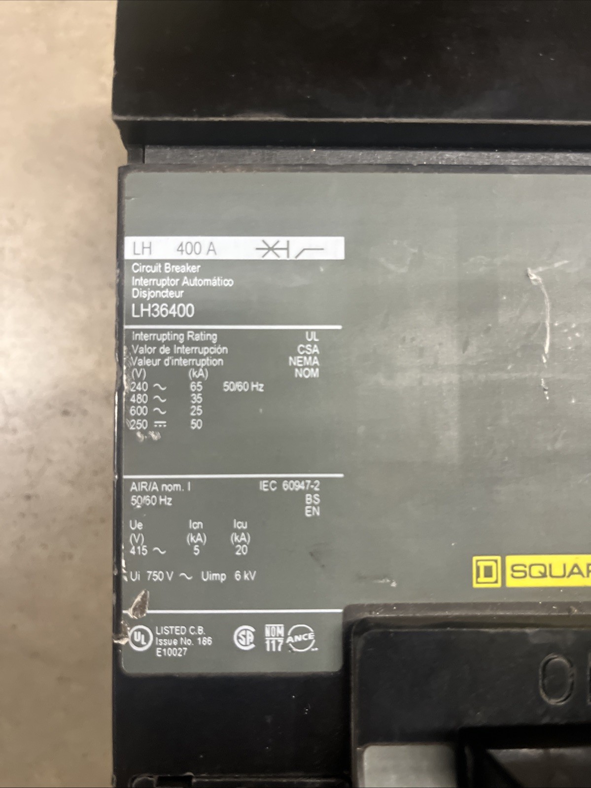 Square D LH36400 400A 3 Pole Circuit Breaker, 600V 400 Amp 3P I Line