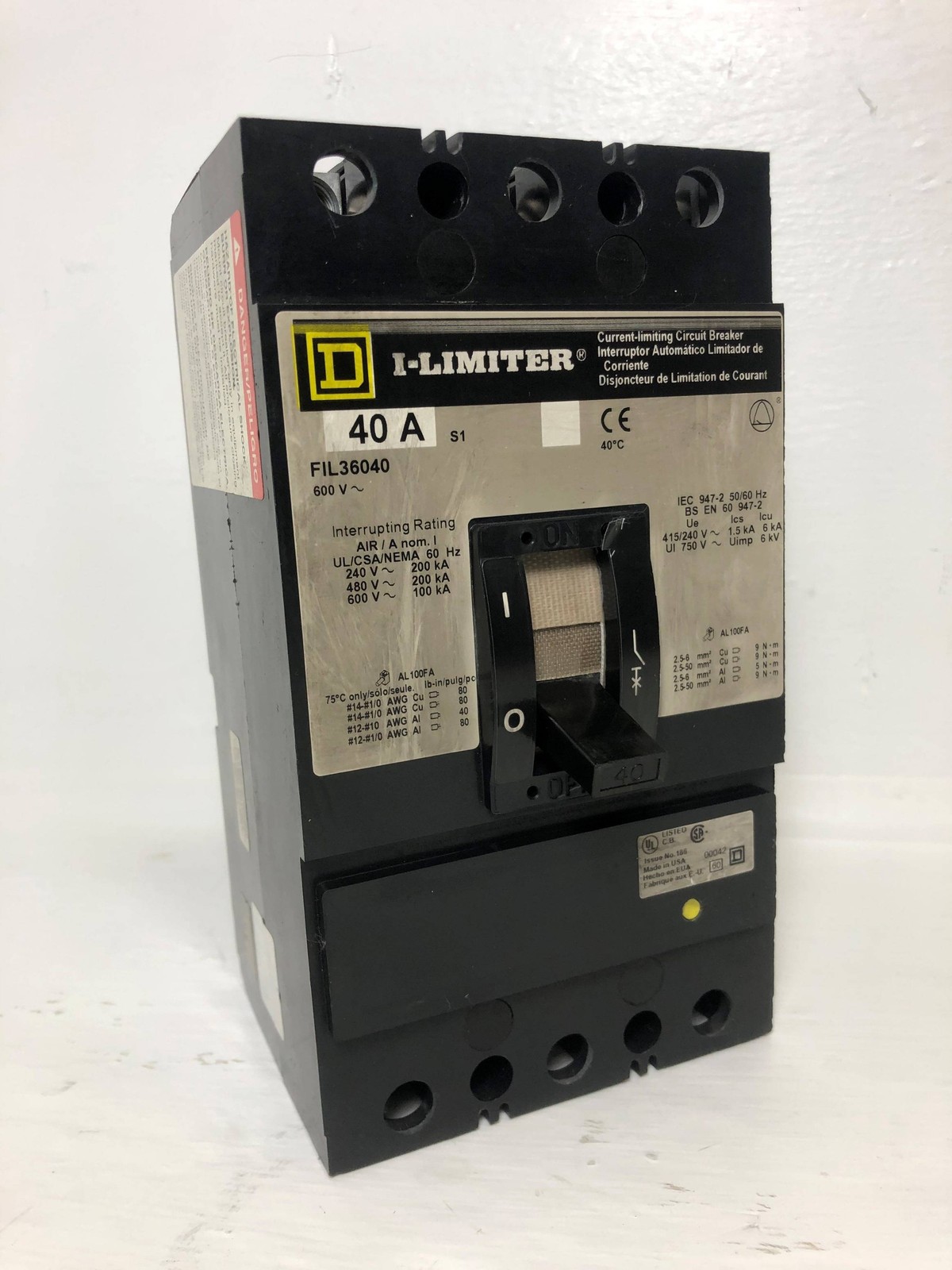 Square D FIL36040 40A I-Limiter Circuit Breaker 480/600V 3 Pole 40 Amp