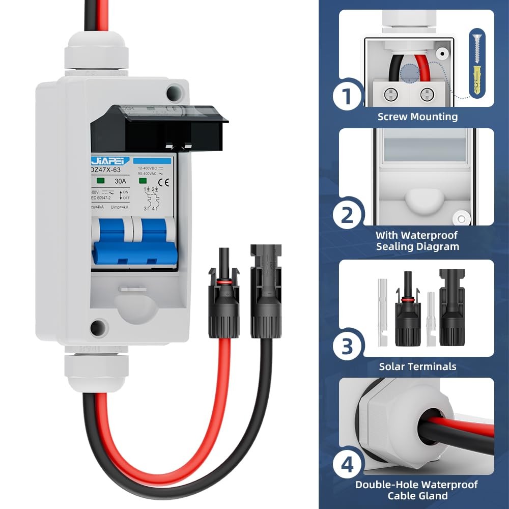 Solar Panel Disconnect Switch 30 Amp 400V Breaker Box, PV DC Miniature Circui…