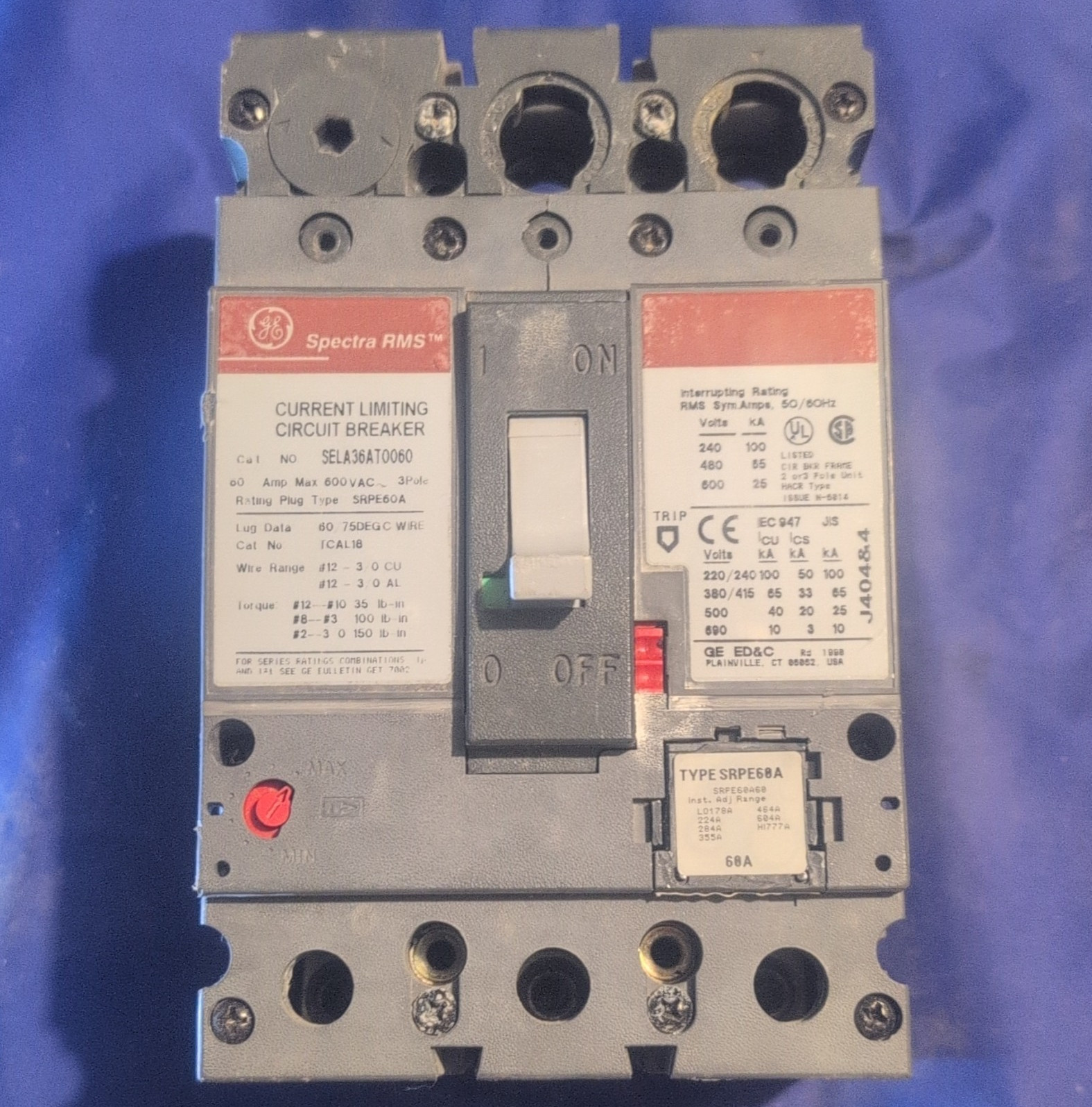 GE Spectra RMS SELA36AT0060 Circuit Breaker 60A 600VAC 3-Pole Current Limiting