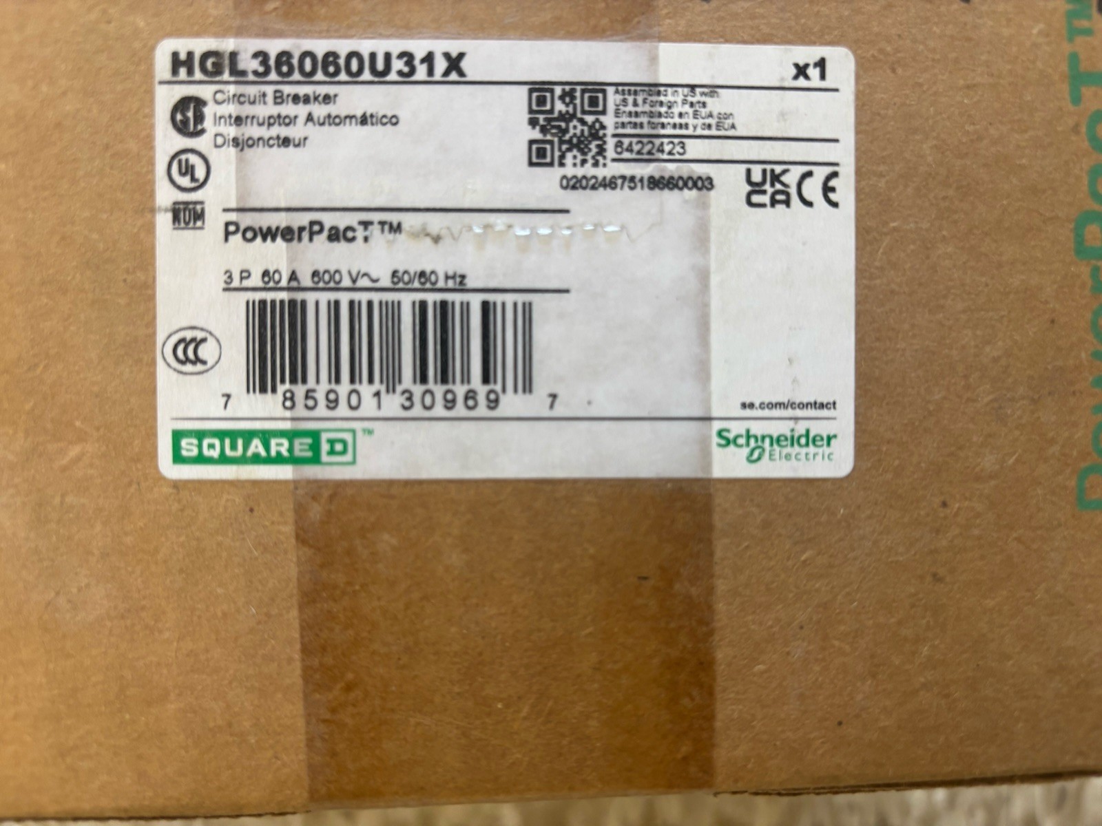 NEWSquare D HGL36060U31X 60A 3P 600V Circuit Breaker