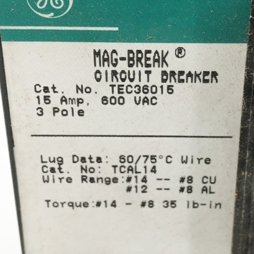 New General Electric TEC36015 Circuit Breaker 15A 600VAC 3P Model 1