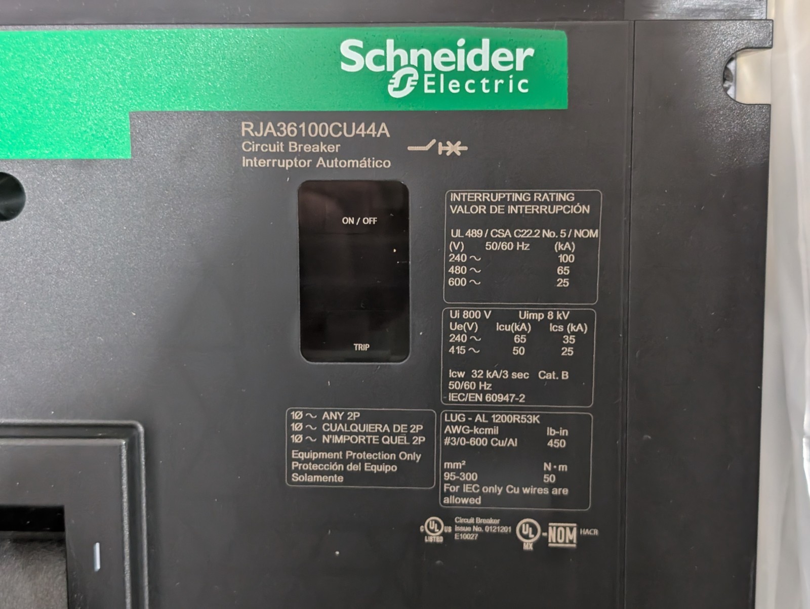 NEW 1000A Schneider RJA36100CU44A PowerPact I-Line Circuit Breaker 600VAC