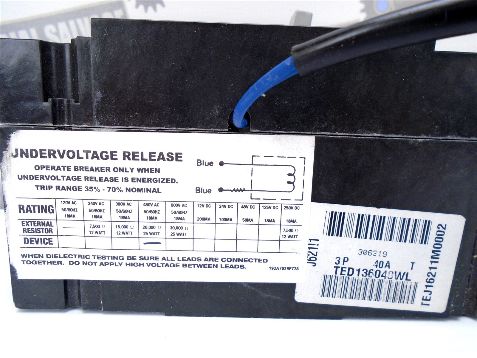 GE – TED136040WL – DD188C8966P414 – BREAKER – 40 AMP – FACTORY UV Release TEDUV4