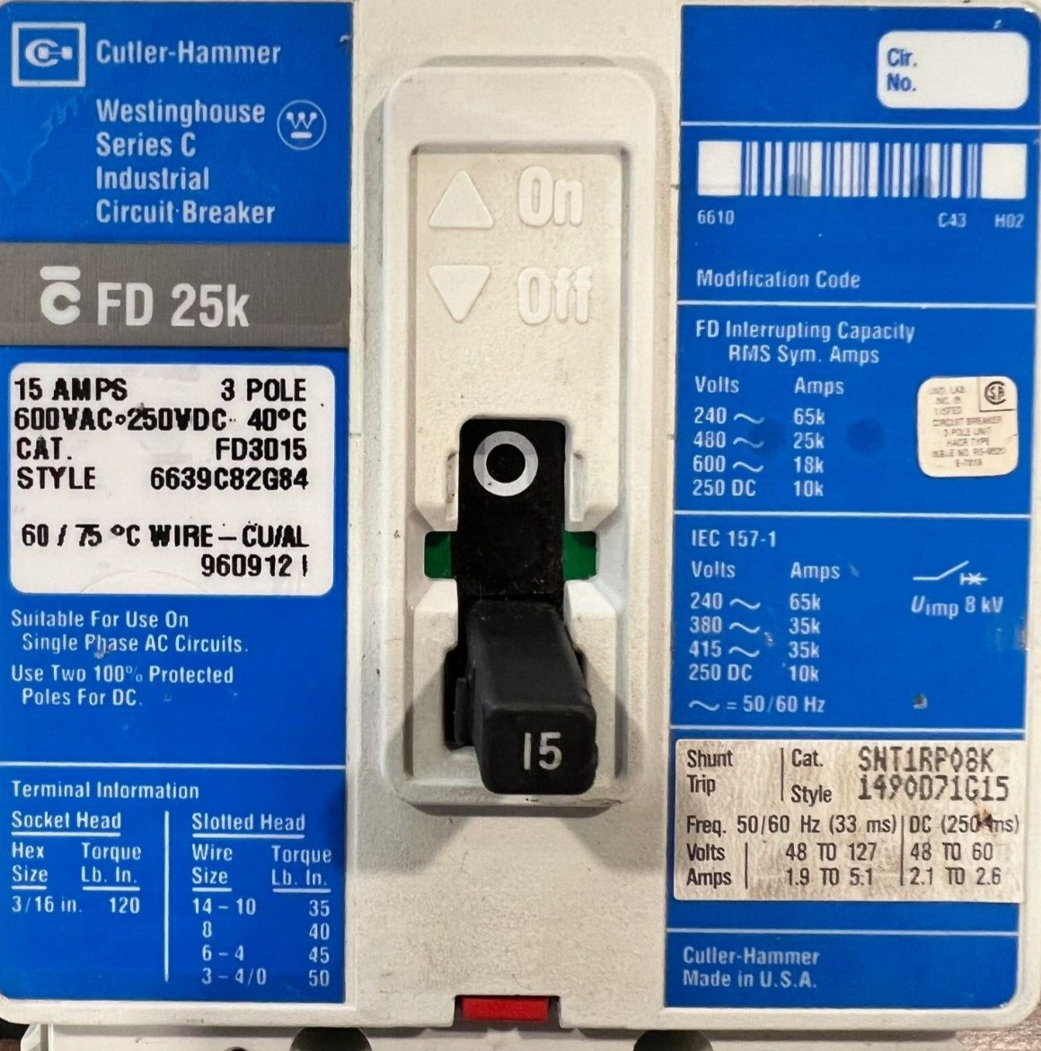 Westinghouse Cutler Hammer FD3015 15 AMP 600V 3Pole Breaker Shunt Trip SNT1RP08K