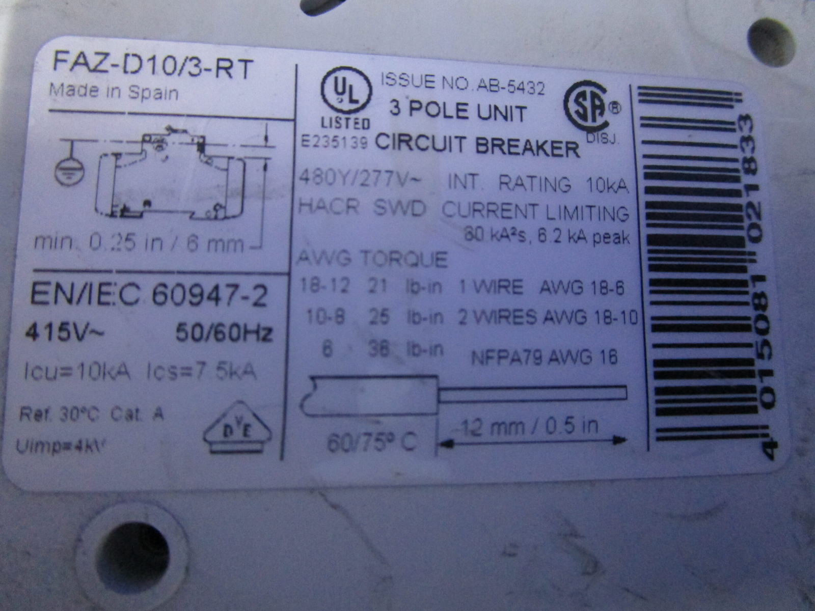 NEW MOELLER CIRCUIT BREAKER FAZ-D10/3-RT 10A 480Y/277V 3P W/SCHNEIDER ELECTRIC C