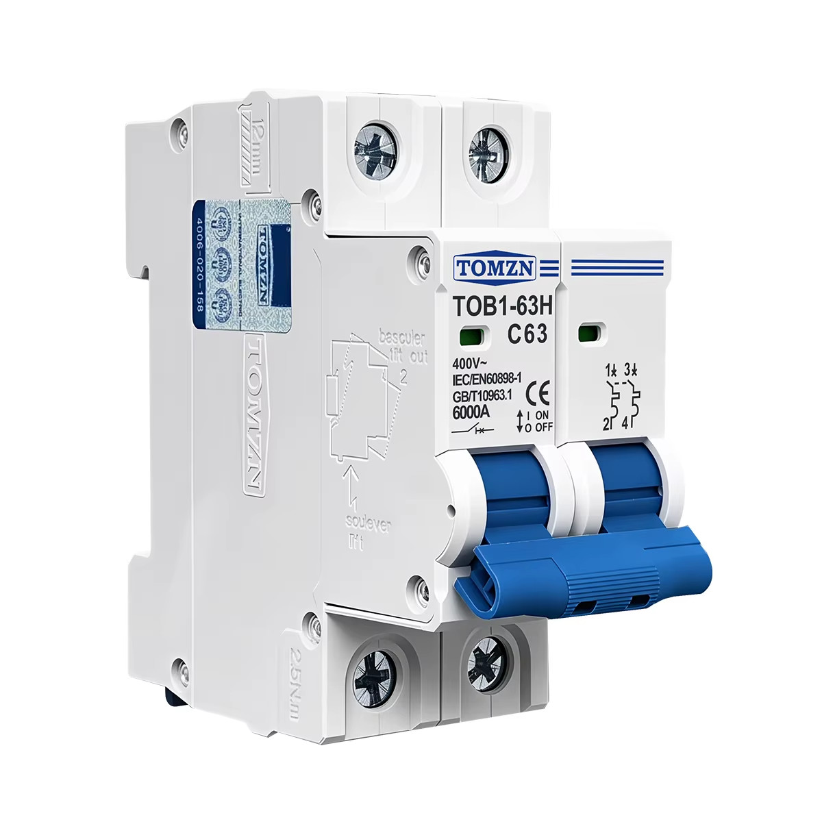 2P AC MCB TOB1-63 C Type 230/400V~ 50Hz/60Hz Mini Circuit Breaker 6A 10A 16A 20A