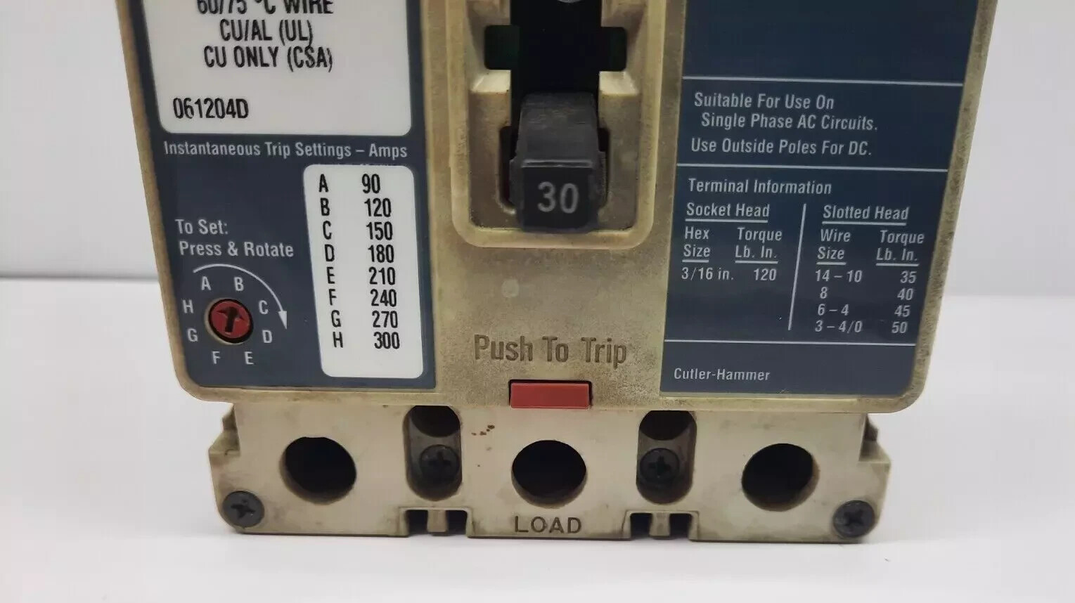 CUTLER HAMMER HMCP030H1C HMCP 30 AMPS 3 POLE CIRCUIT BREAKER / TESTED OK