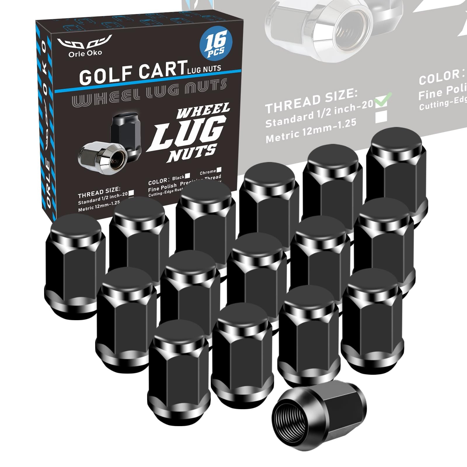 Golf Cart Wheel Lug Nuts for EZGO & Club 1/2-20, 1.40 inches, 3/4 inch, Black