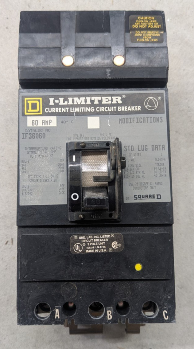 Square D IF36060 I-Limiter 60A 3 Pole Current Limiting Circuit Breaker 600V NOB