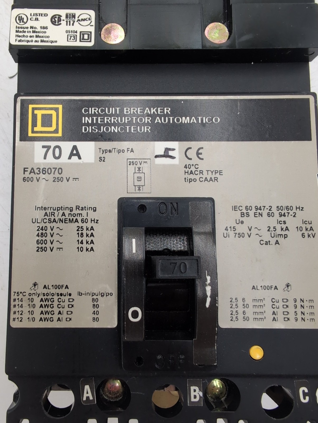 Square D FA36070 70A 3P 600V Circuit Breaker Fast Ship