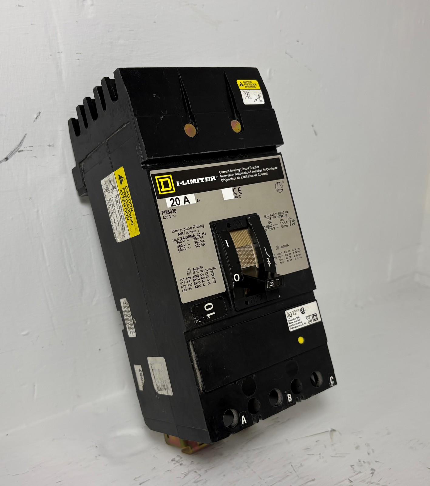 Square D I-Line FI36020 20A I-Limiter Circuit Breaker 480/600V 3 Pole 20 Amp
