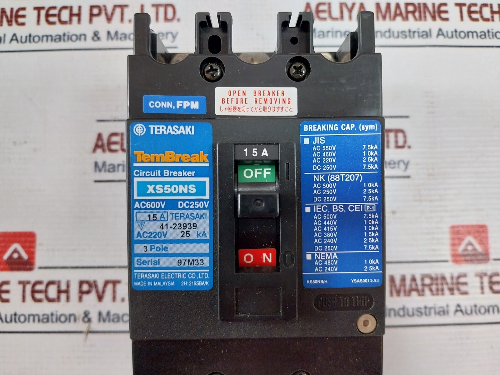 Terasaki XS50NS TemBreak 3 Pole Circuit Breaker 15A AC600V DC250V